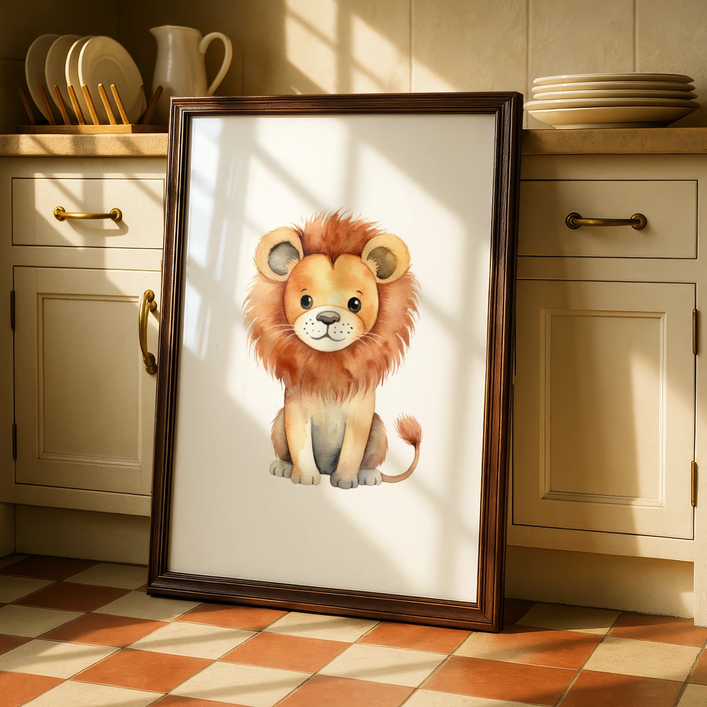 Cute Lion Nursery Wall Art, Watercolour Safari Animal Print, Kids Room Poster