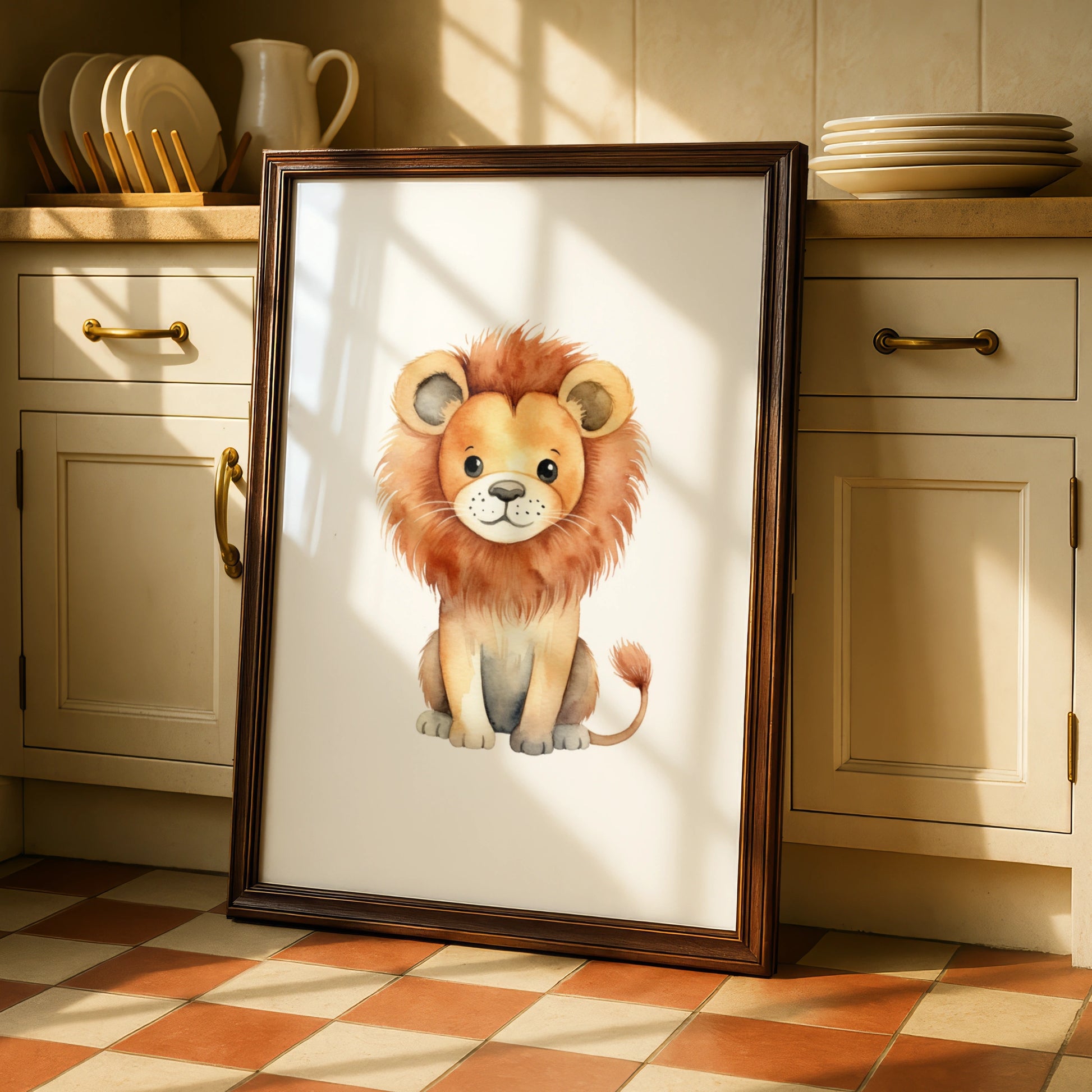 Cute Lion Nursery Wall Art, Watercolour Safari Animal Print, Kids Room Poster