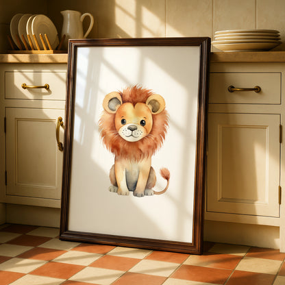 Cute Lion Nursery Wall Art, Watercolour Safari Animal Print, Kids Room Poster