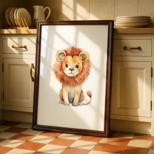 Cute Lion Nursery Wall Art, Watercolour Safari Animal Print, Kids Room Poster