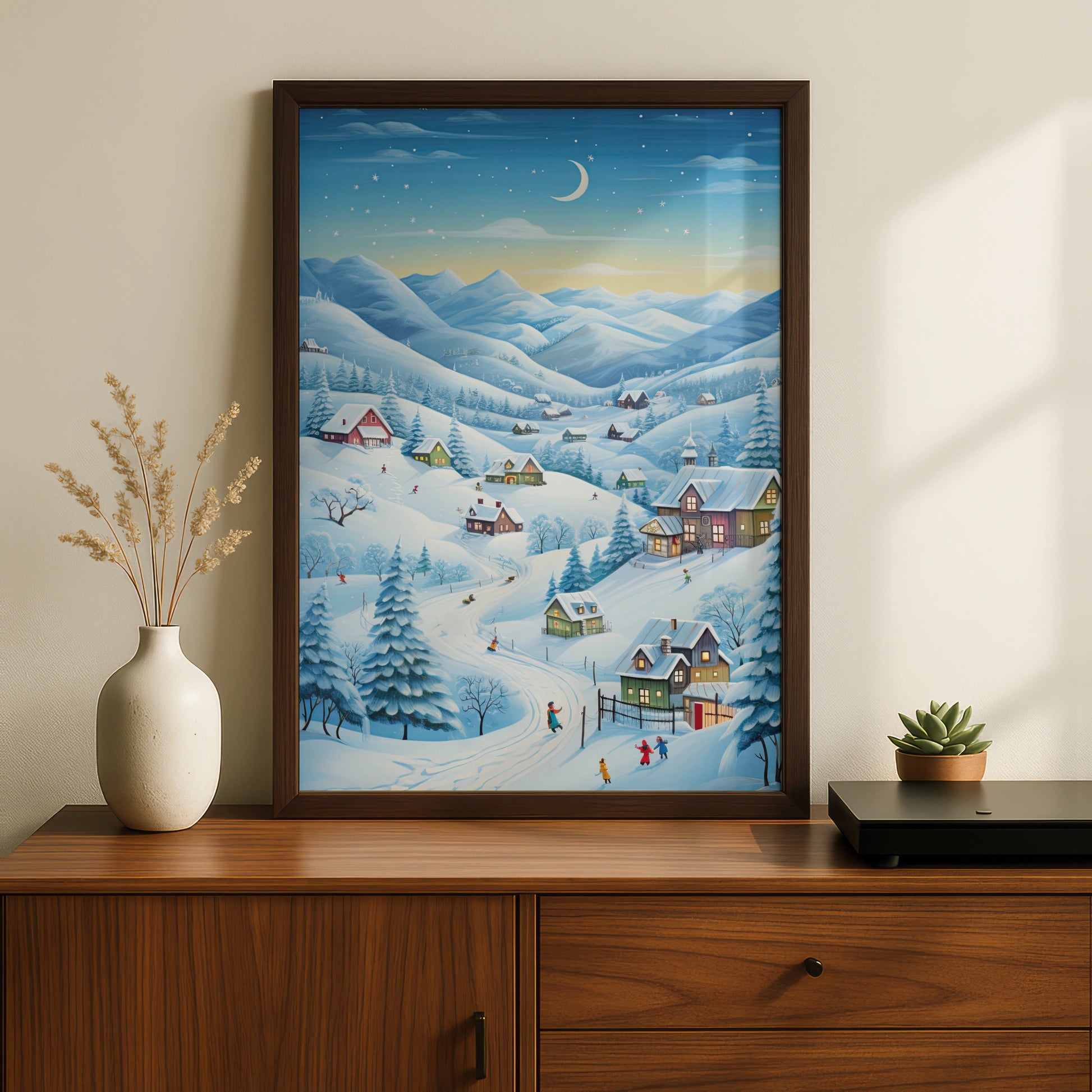 Christmas Village Winter Scene Poster, Snowy Landscape Wall Art, Festive Holiday Print