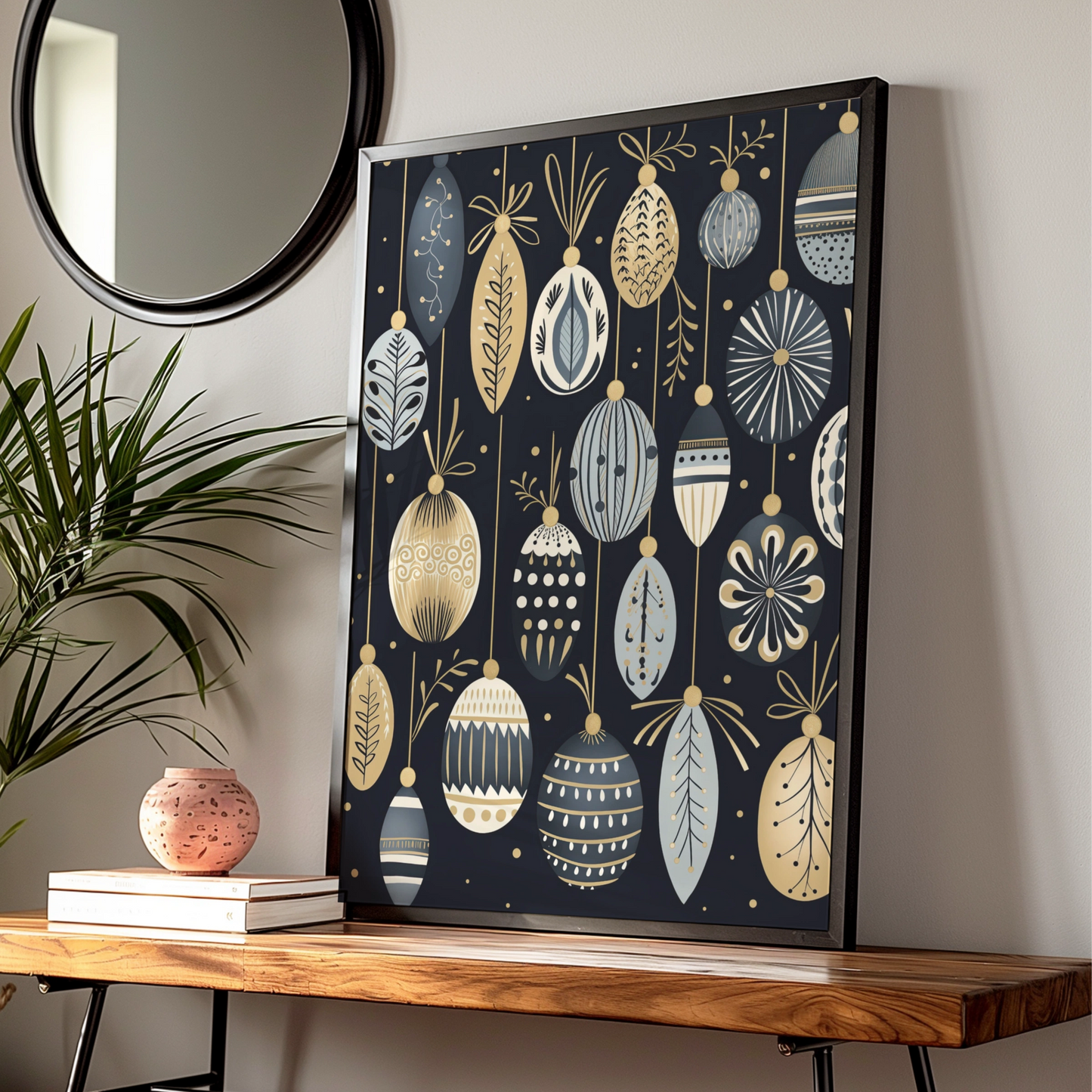Christmas Baubles Poster, Black Gold Festive Wall Art, Ornament Print, Scandi Xmas Decor