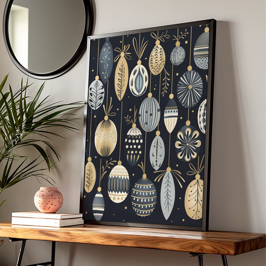 Christmas Baubles Poster, Black Gold Festive Wall Art, Ornament Print, Scandi Xmas Decor