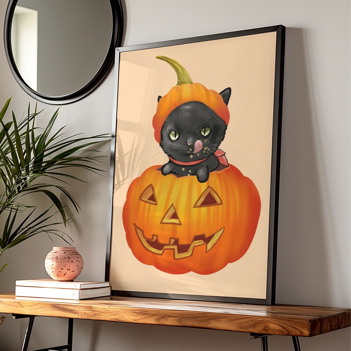 Halloween Black Cat Pumpkin Poster, Jack-o-Lantern Wall Art, Cute Spooky Cat Print