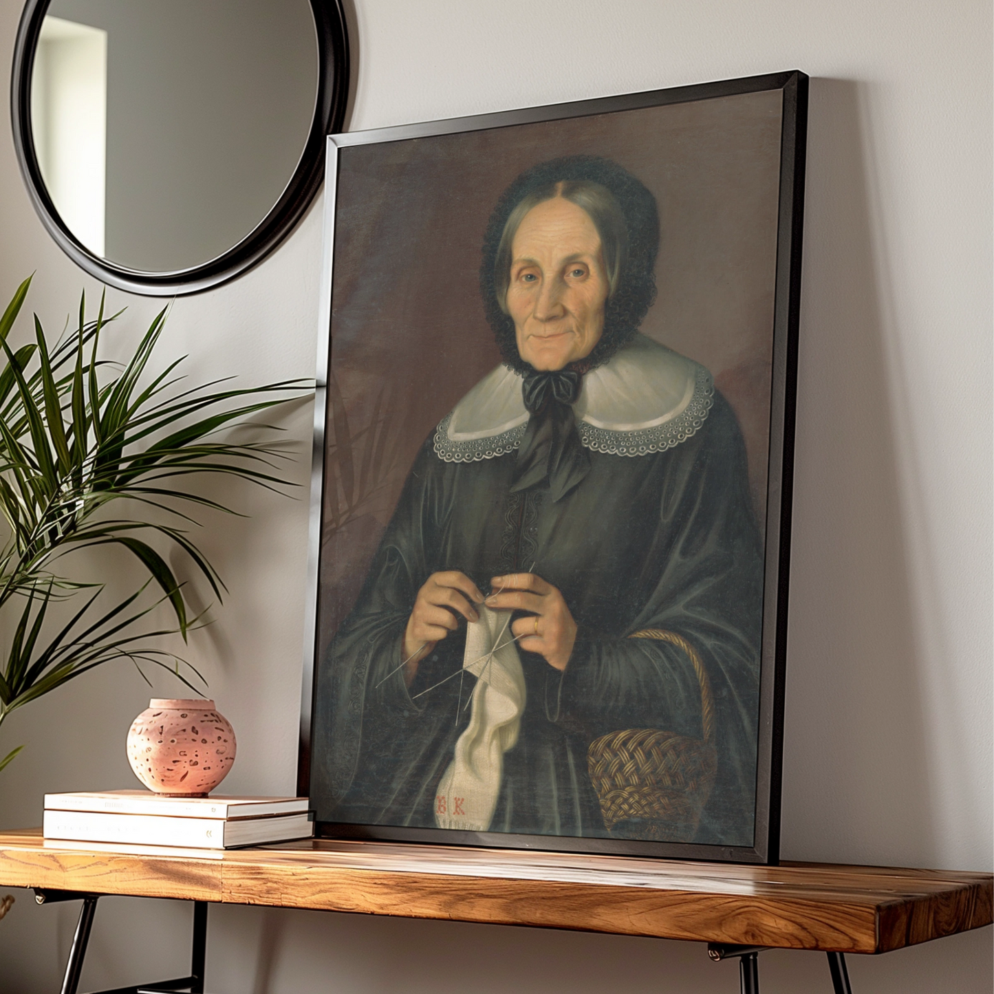 Victorian Woman Knitting Portrait Poster, Dark Antique Oil Painting Wall Art Print