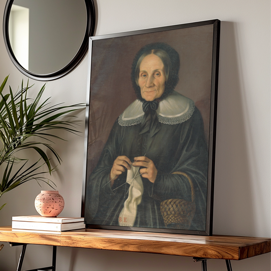 Victorian Woman Knitting Portrait Poster, Dark Antique Oil Painting Wall Art Print
