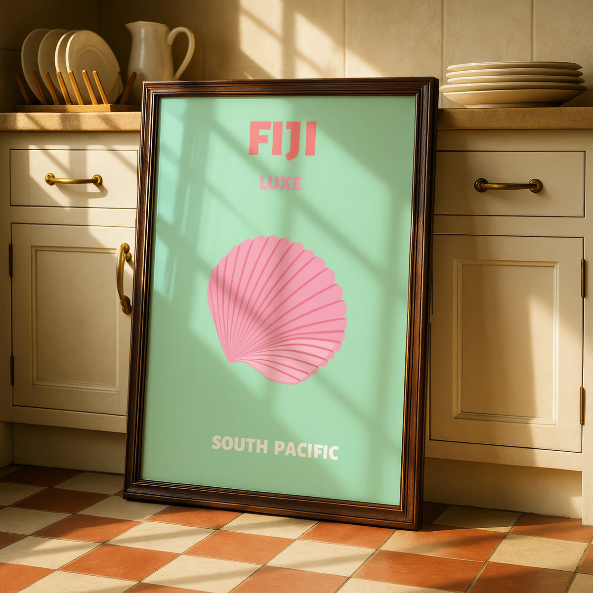 Fiji Travel Poster, South Pacific Wall Art, Retro Shell Print, Mint Pink Coastal Decor