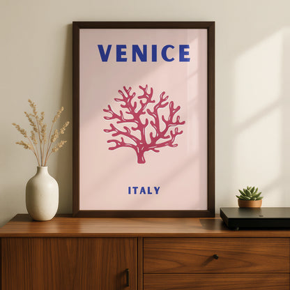 Venice Italy Travel Poster, Retro Coral Wall Art, Italian City Print, Pink Blue Home Decor