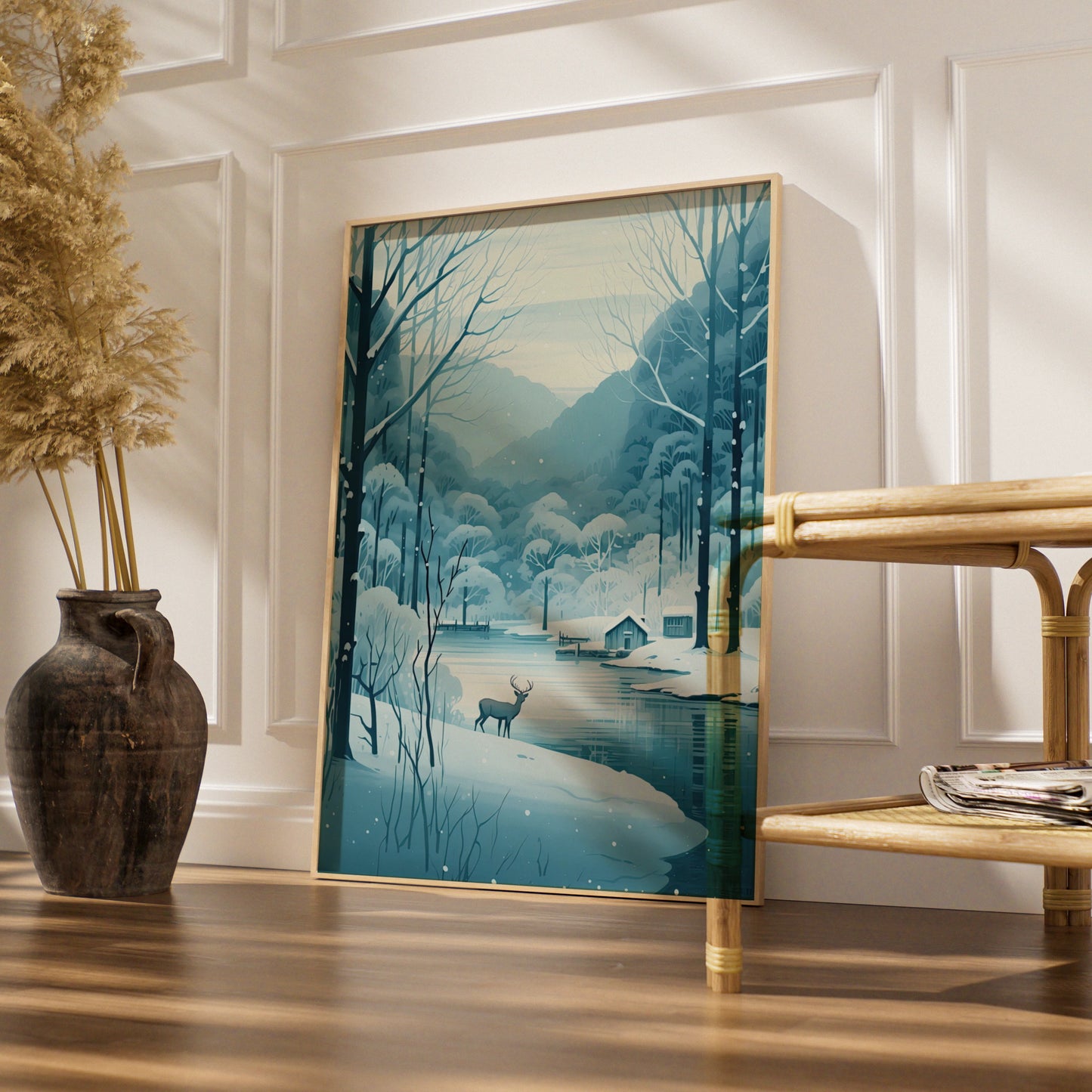 Christmas Winter Deer Poster, Snowy Forest Lake Scene, Blue Festive Wall Art Print