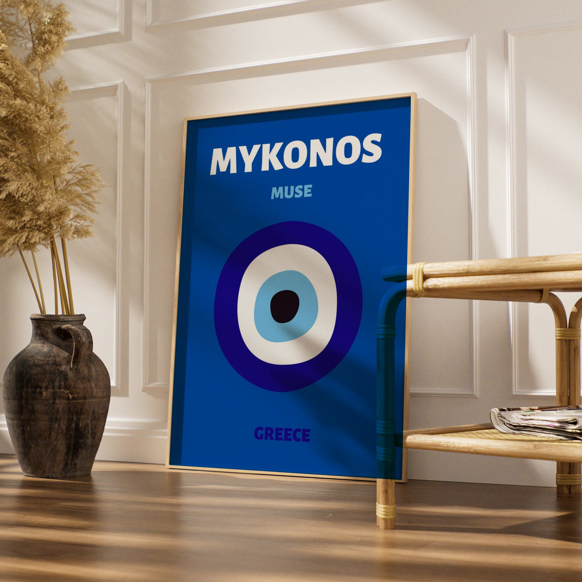 Mykonos Greece Travel Poster, Evil Eye Wall Art, Greek Island Print, Blue Retro