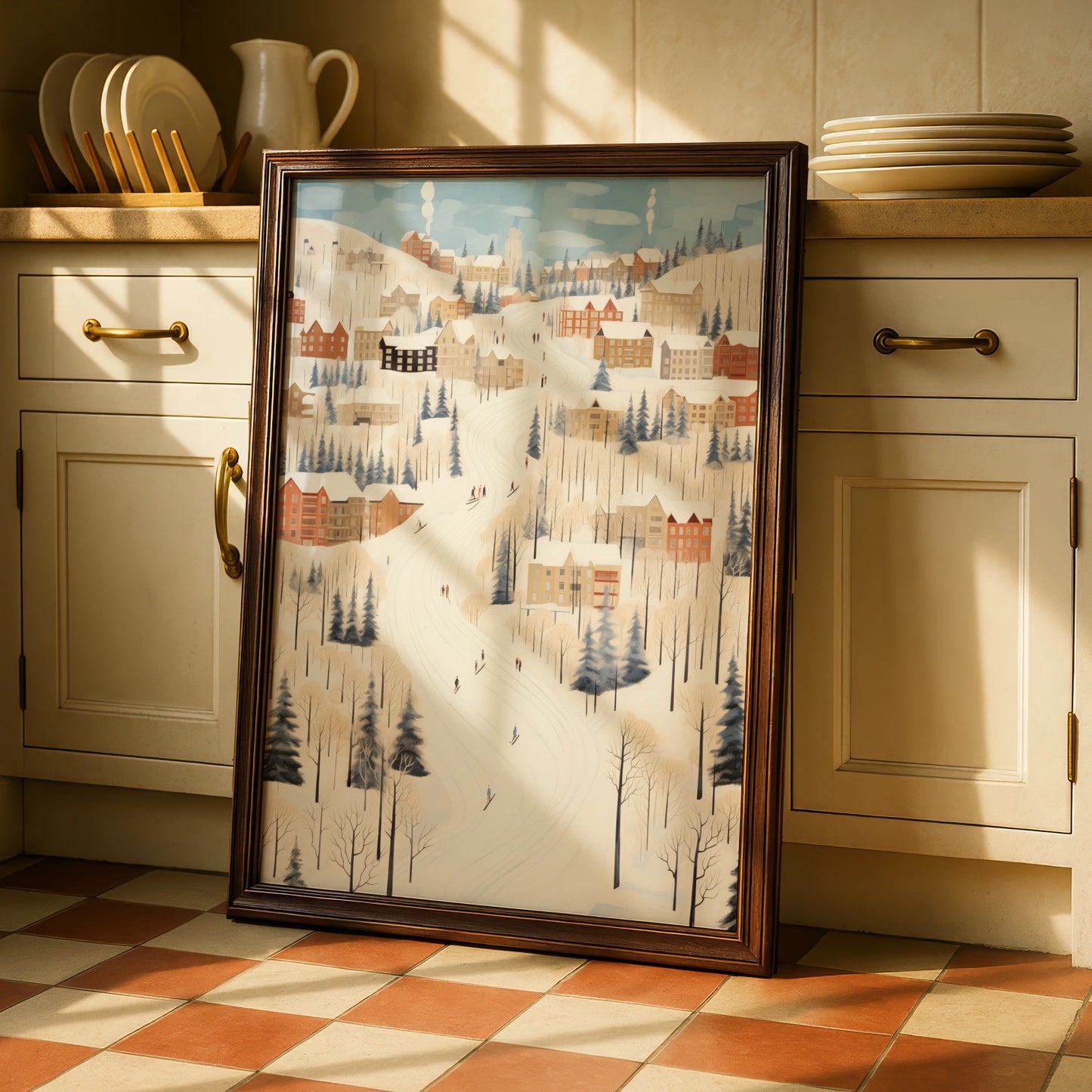 Christmas Winter Village Poster, Snowy Ski Slope Scene, Festive Holiday Wall Art Print