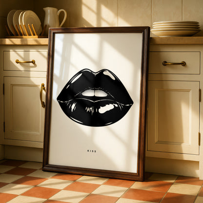 Kiss Lips Print, Monochrome Wall Art, Black and White Poster, Minimalist Lip Art