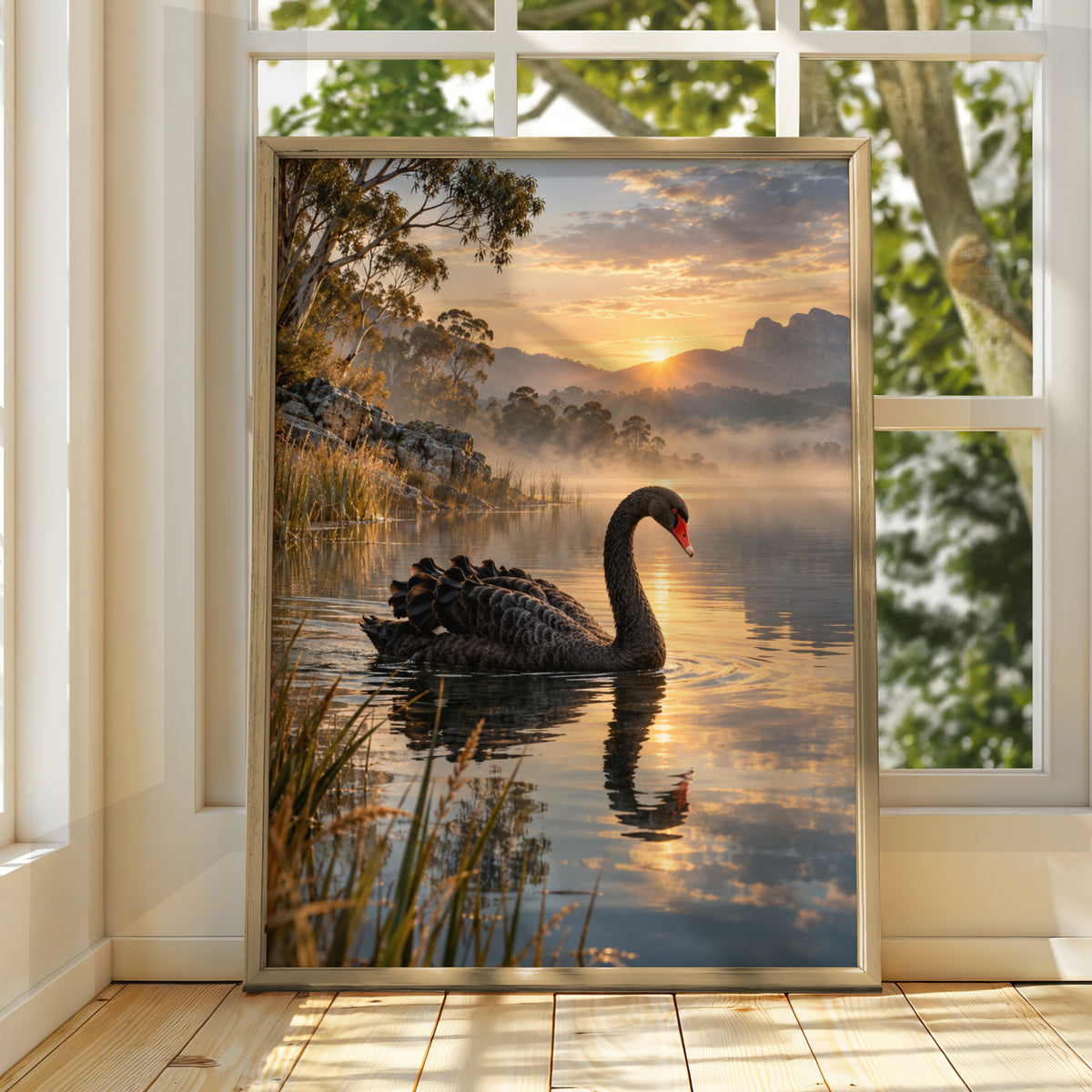 Black Swan Lake Sunrise, Australian Landscape Print, Wildlife Wall Art, Nature Poster