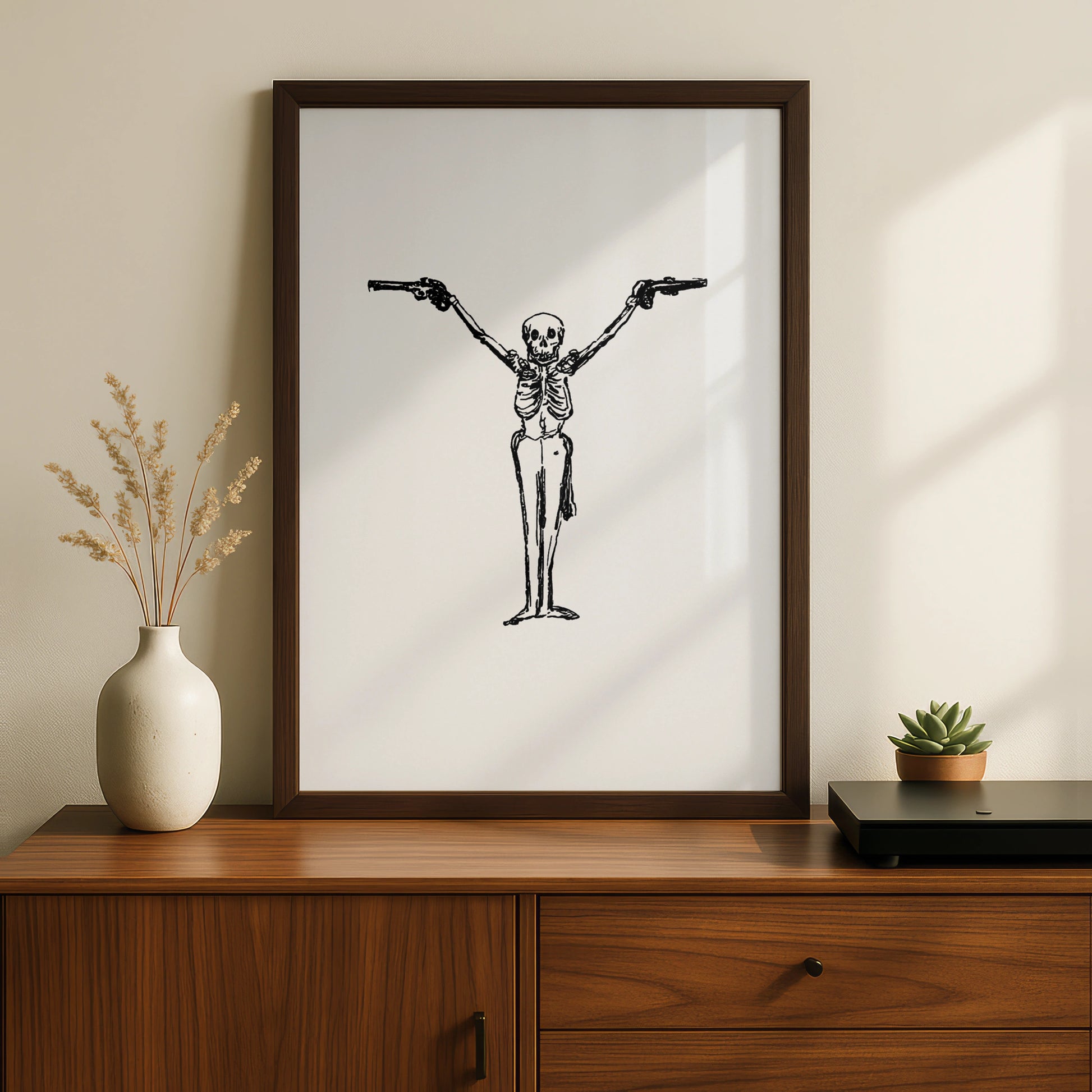 Skeleton With Guns Halloween Art Print, Black White Skull Poster, Spooky Wall Art