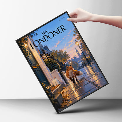 London Fox Poster, Magazine Cover Wall Art Print, Autumn Street Scene, Big Ben Illustration