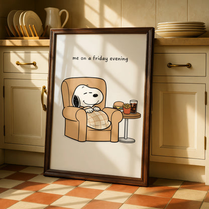 Relaxing Dog Cartoon Poster, Funny Friday Night Wall Art, Quirky Print for Living Room