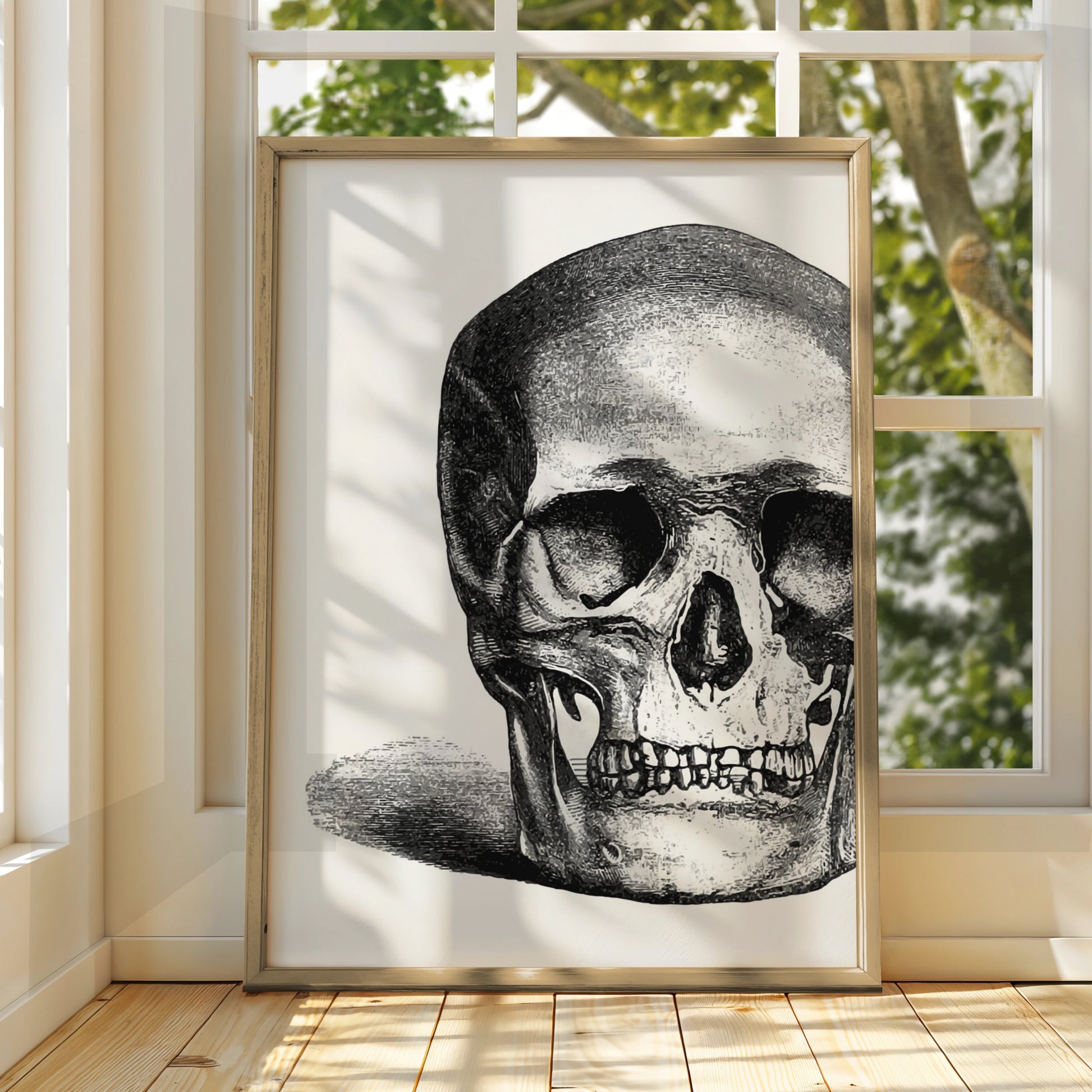 Halloween Skull Poster, Gothic Black White Skull Wall Art, Vintage Engraving Print