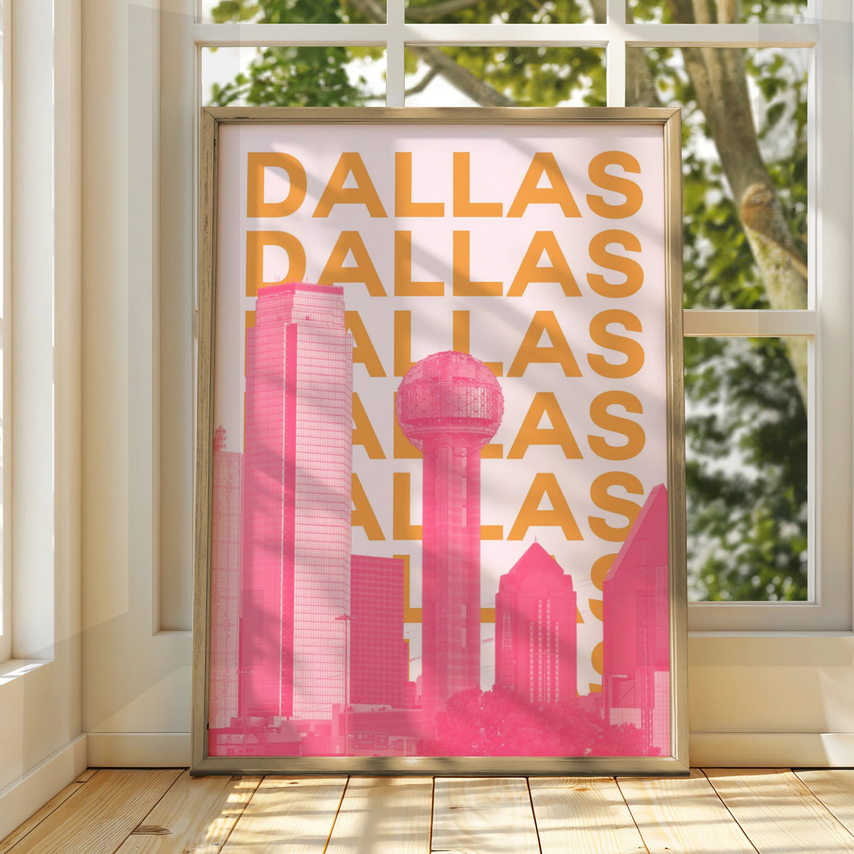 Dallas Travel Poster, Texas Skyline Wall Art, Retro City Print, Pink Orange Modern Decor