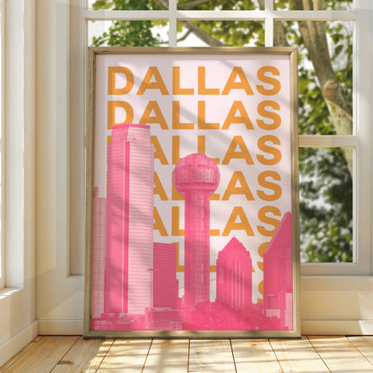 Dallas Travel Poster, Texas Skyline Wall Art, Retro City Print, Pink Orange Modern Decor