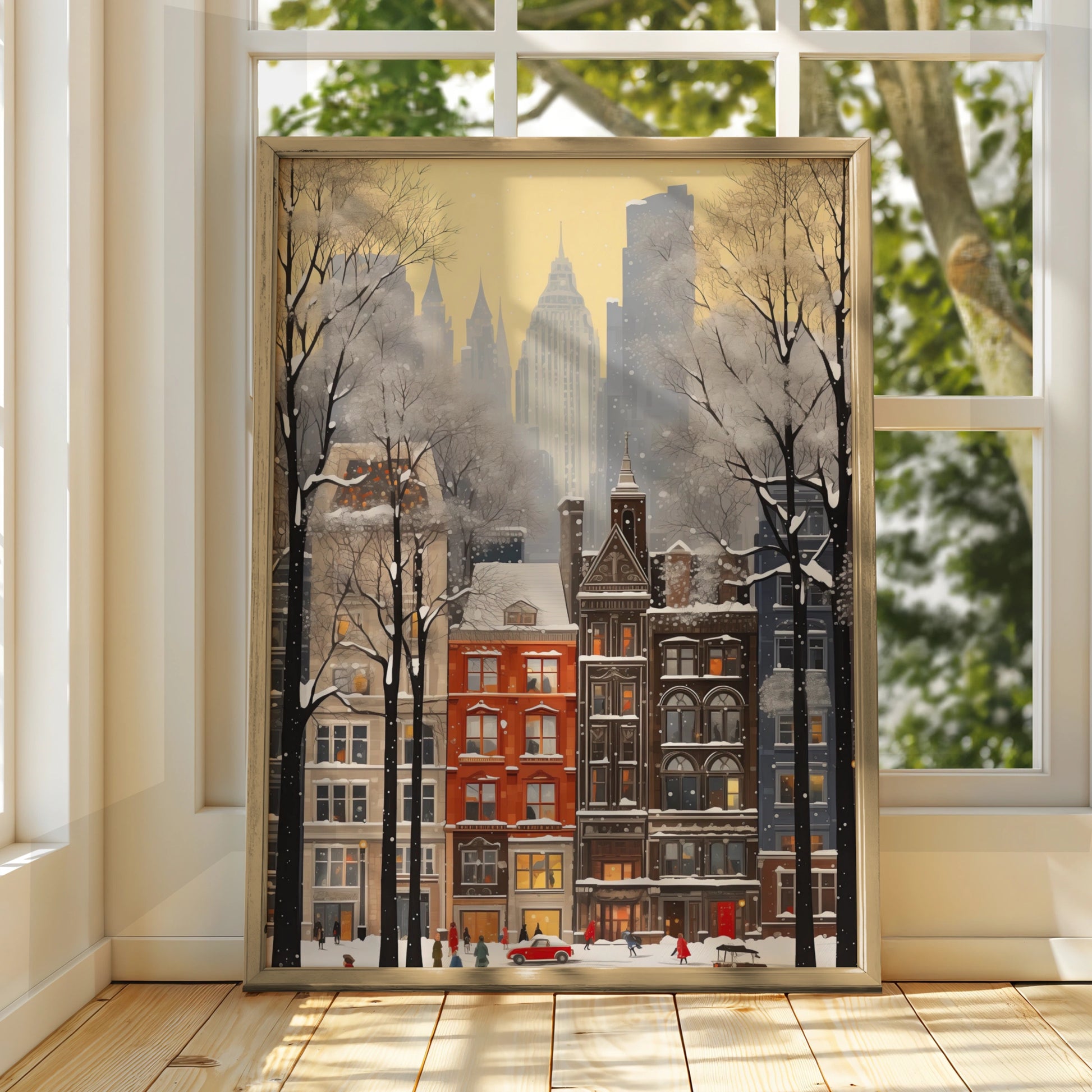 New York Christmas Poster, Snowy City Street Wall Art, Winter NYC Print, Holiday Festive Decor