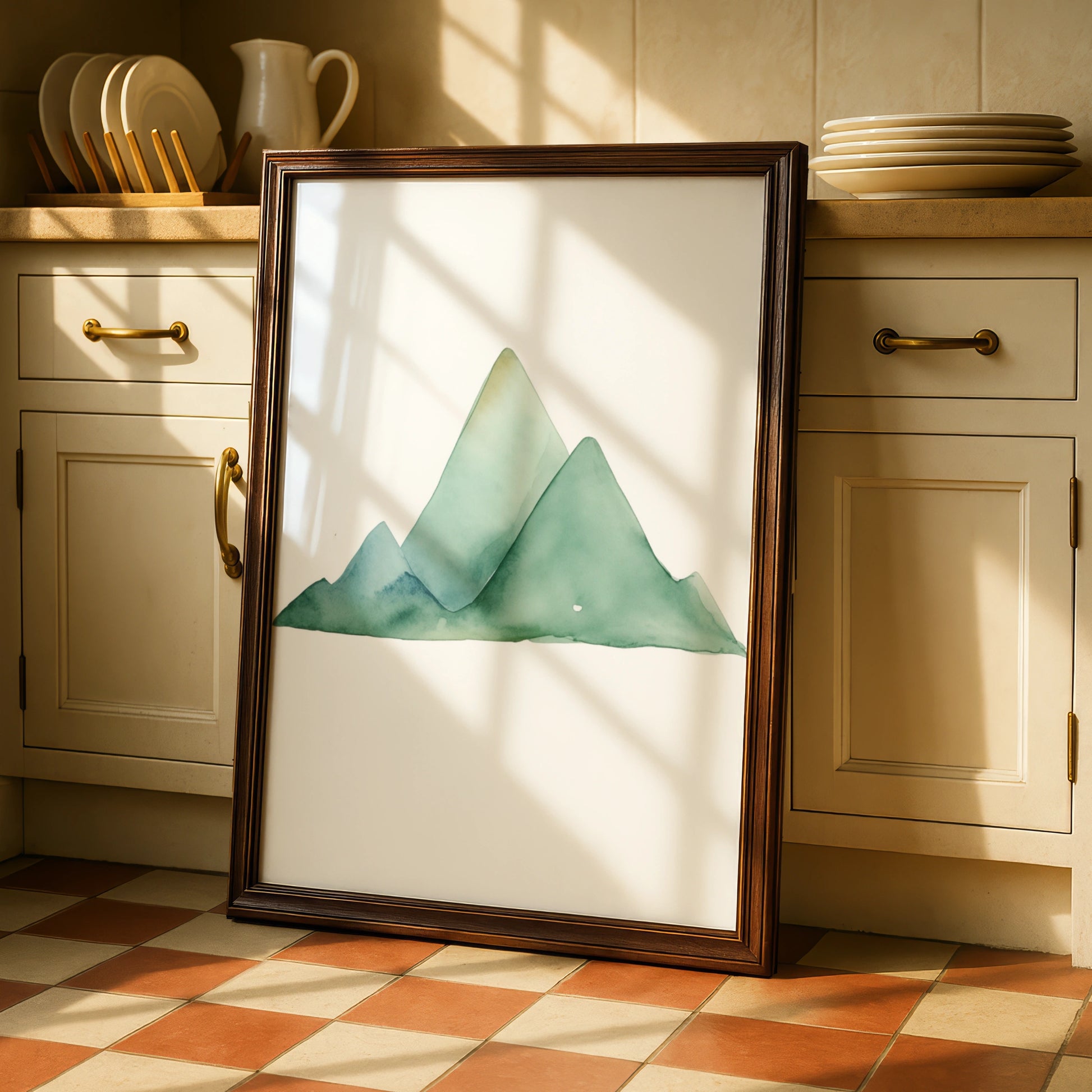 Watercolour Mountain Nursery Wall Art, Green Sage Nature Print, Baby Room Poster