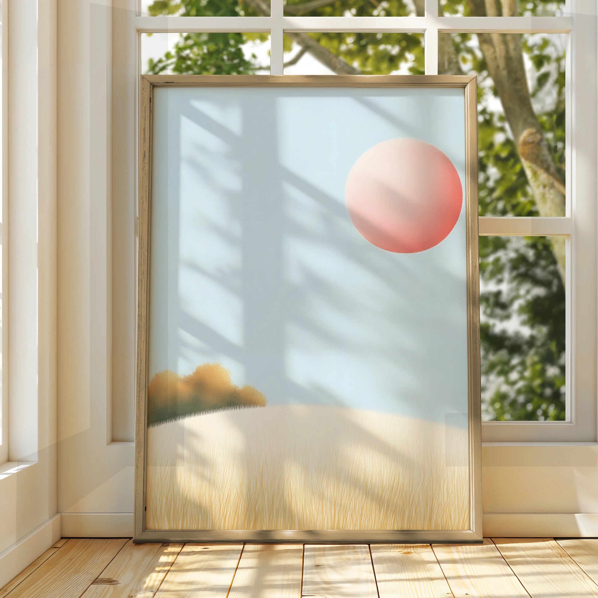 Nursery Wall Art Pink Sun Landscape Print, Minimalist Pastel Poster, Baby Room Decor