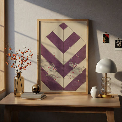 Japanese Woodblock Wall Art, Vintage Bijutsukai 1901 Purple Chevron Cherry Blossom Print – A4 print