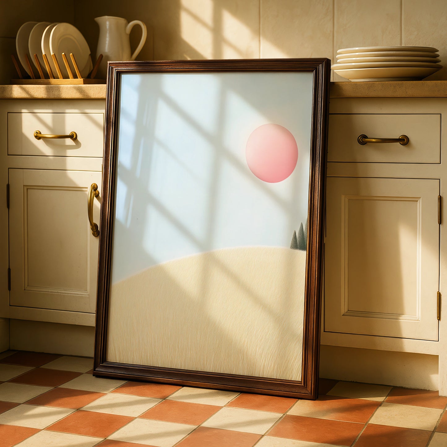 Nursery Wall Art Pink Sun Print, Pastel Landscape Poster, Baby Room Decor, Minimalist Sky