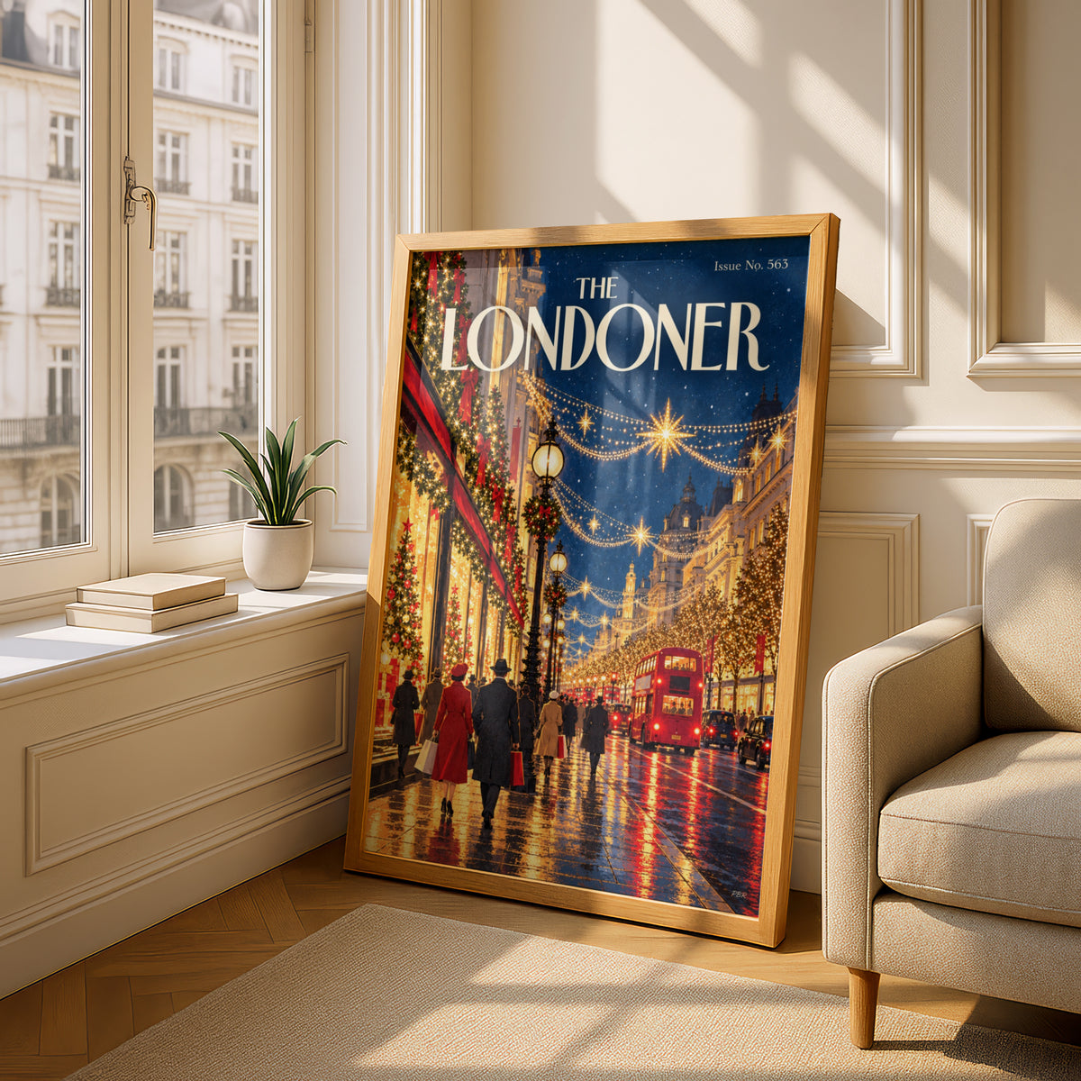 London Christmas Poster, Festive Street Wall Art, Red Double Decker Bus Print, Vintage Magazine
