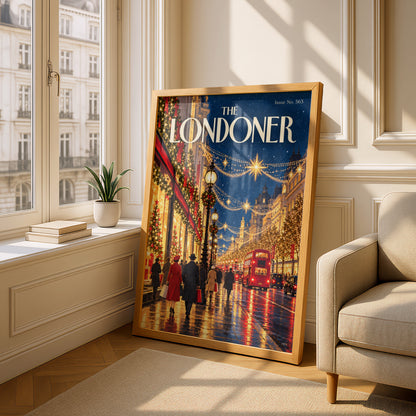 London Christmas Poster, Festive Street Wall Art, Red Double Decker Bus Print, Vintage Magazine
