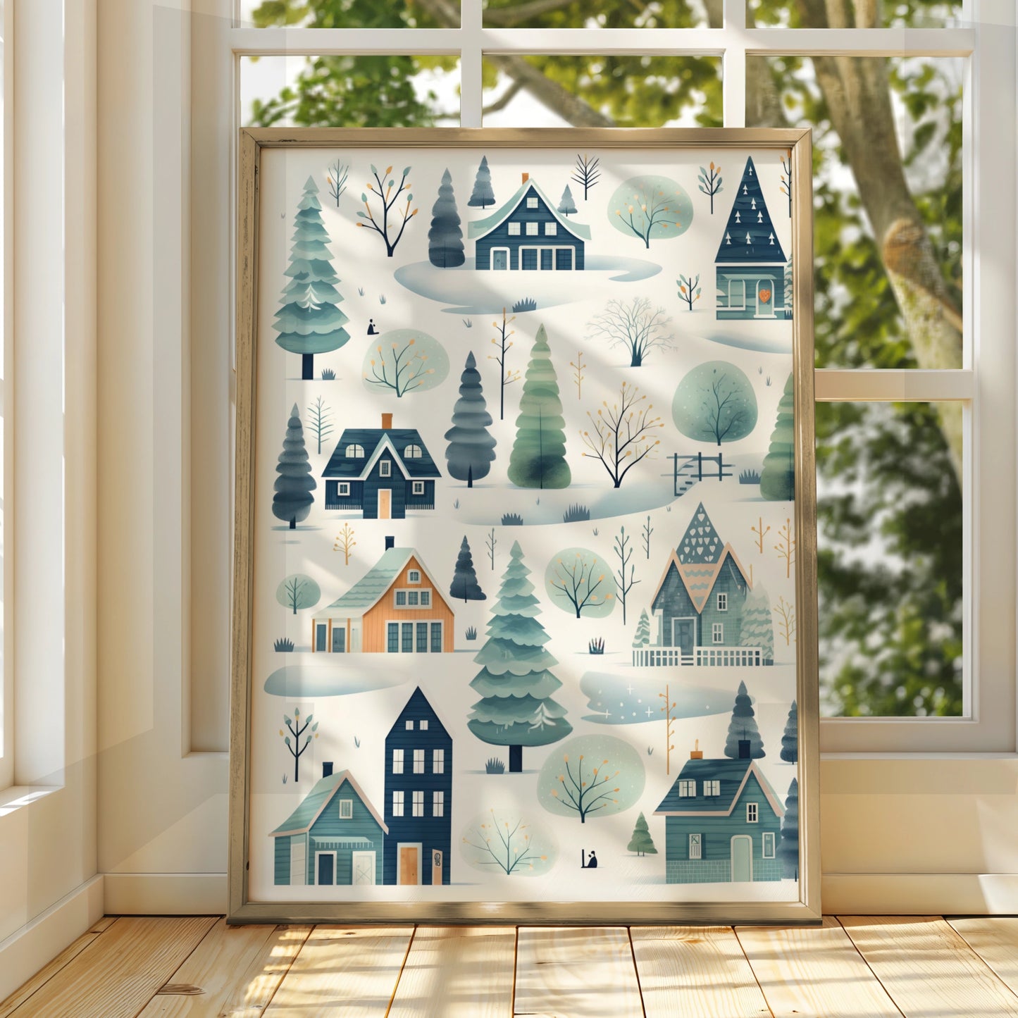 Christmas Winter Village Poster, Scandi Snow Scene, Festive Wall Art, Teal Blue Nordic Print
