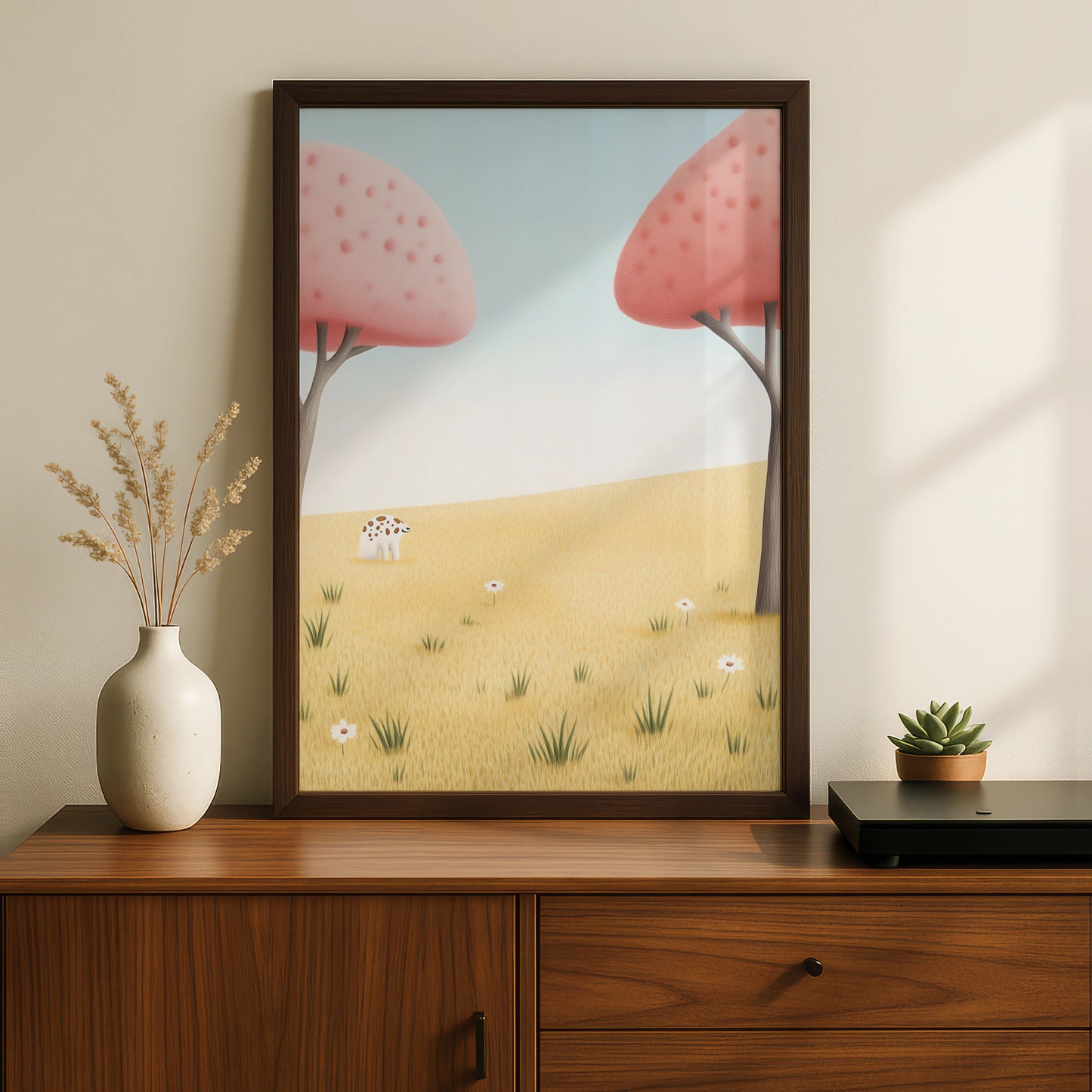 Nursery Wall Art Cute Animal Print, Pink Trees Meadow Poster, Baby Room Decor