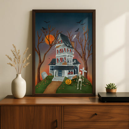 Haunted House Halloween Poster, Spooky Wall Art, Skeleton Pumpkin Bat Print, Gothic Home Decor