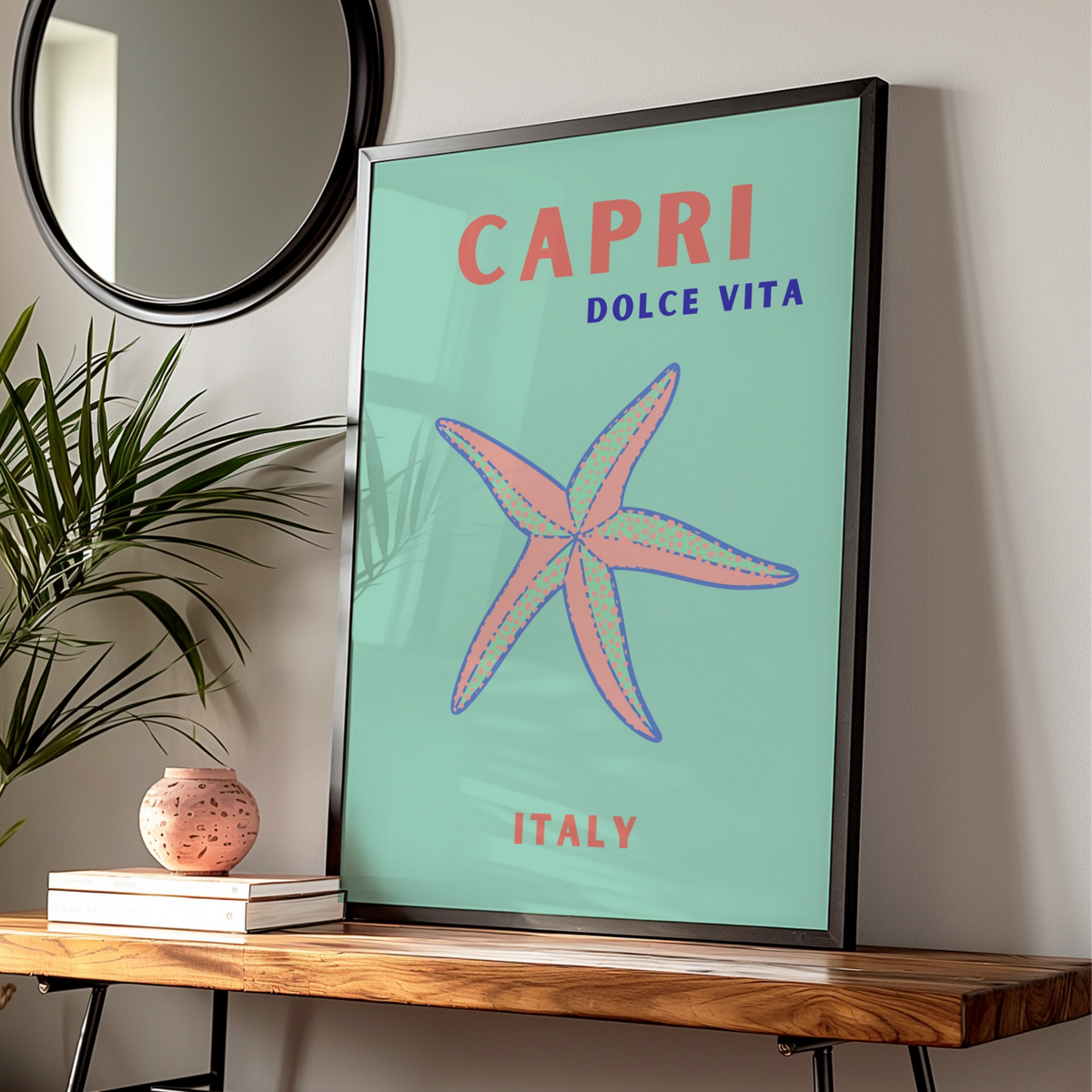 Capri Italy Travel Poster, Dolce Vita Wall Art, Retro Italian Coastal Print