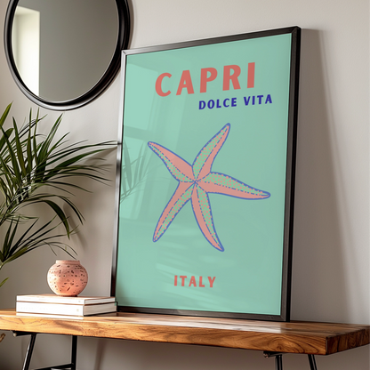 Capri Italy Travel Poster, Dolce Vita Wall Art, Retro Italian Coastal Print