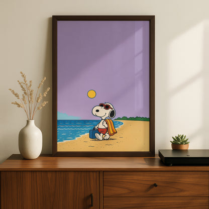 Cartoon Dog Beach Poster, Lavender Seaside Wall Art, Kids Room Art Print