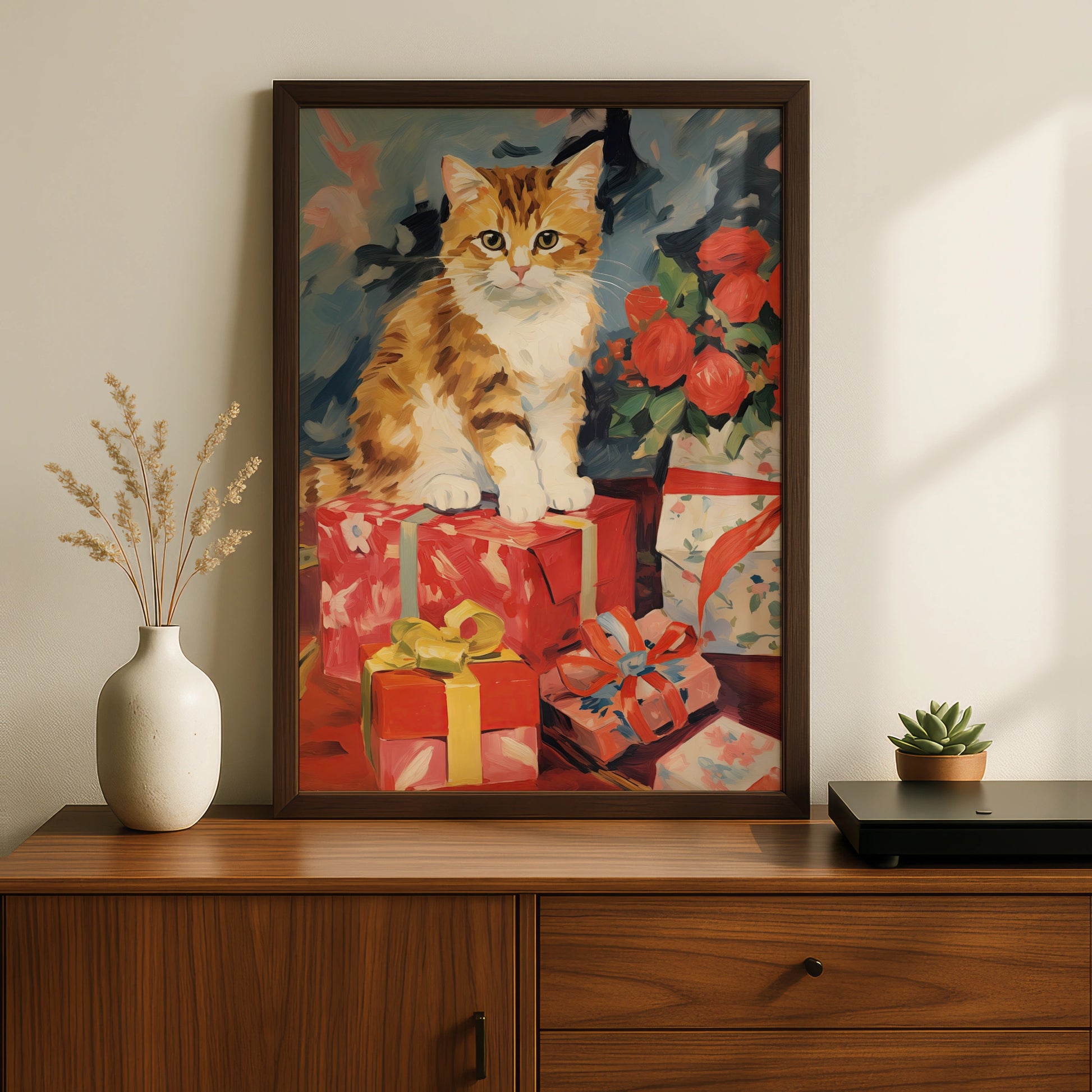 Christmas Cat Poster, Ginger Tabby with Gifts Wall Art, Festive Holiday Print for Cat Lovers