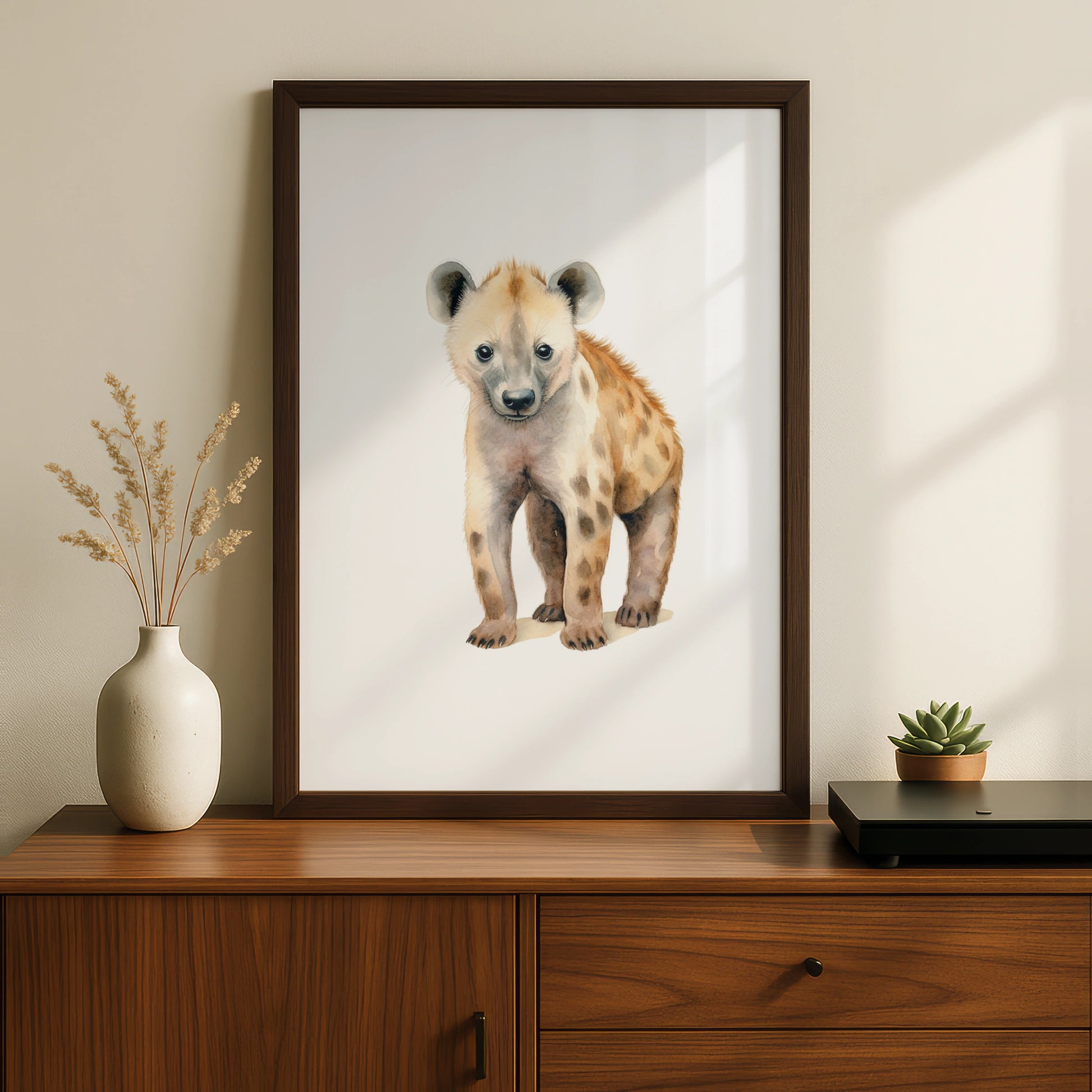 Baby Hyena Nursery Wall Art, Watercolour Safari Animal Print, Kids Room Poster