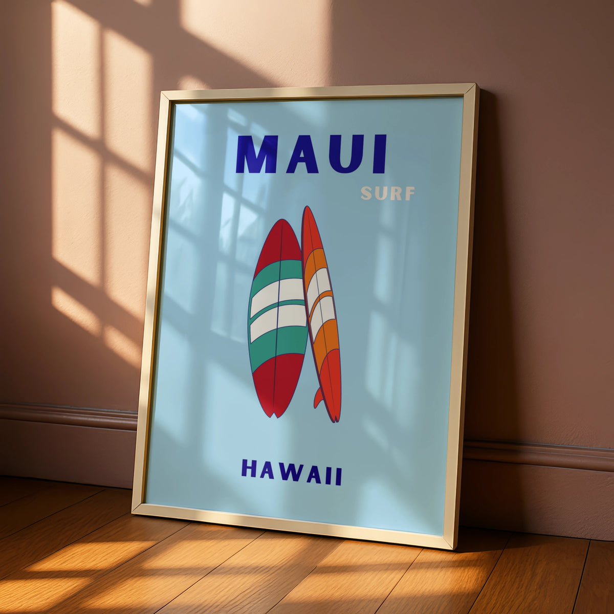 Maui Hawaii Surf Travel Poster, Retro Surfboard Wall Art, Hawaiian Beach Print