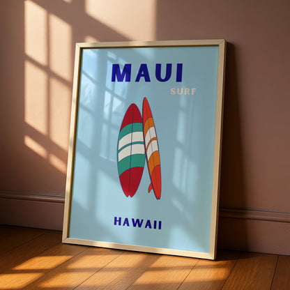 Maui Hawaii Surf Travel Poster, Retro Surfboard Wall Art, Hawaiian Beach Print