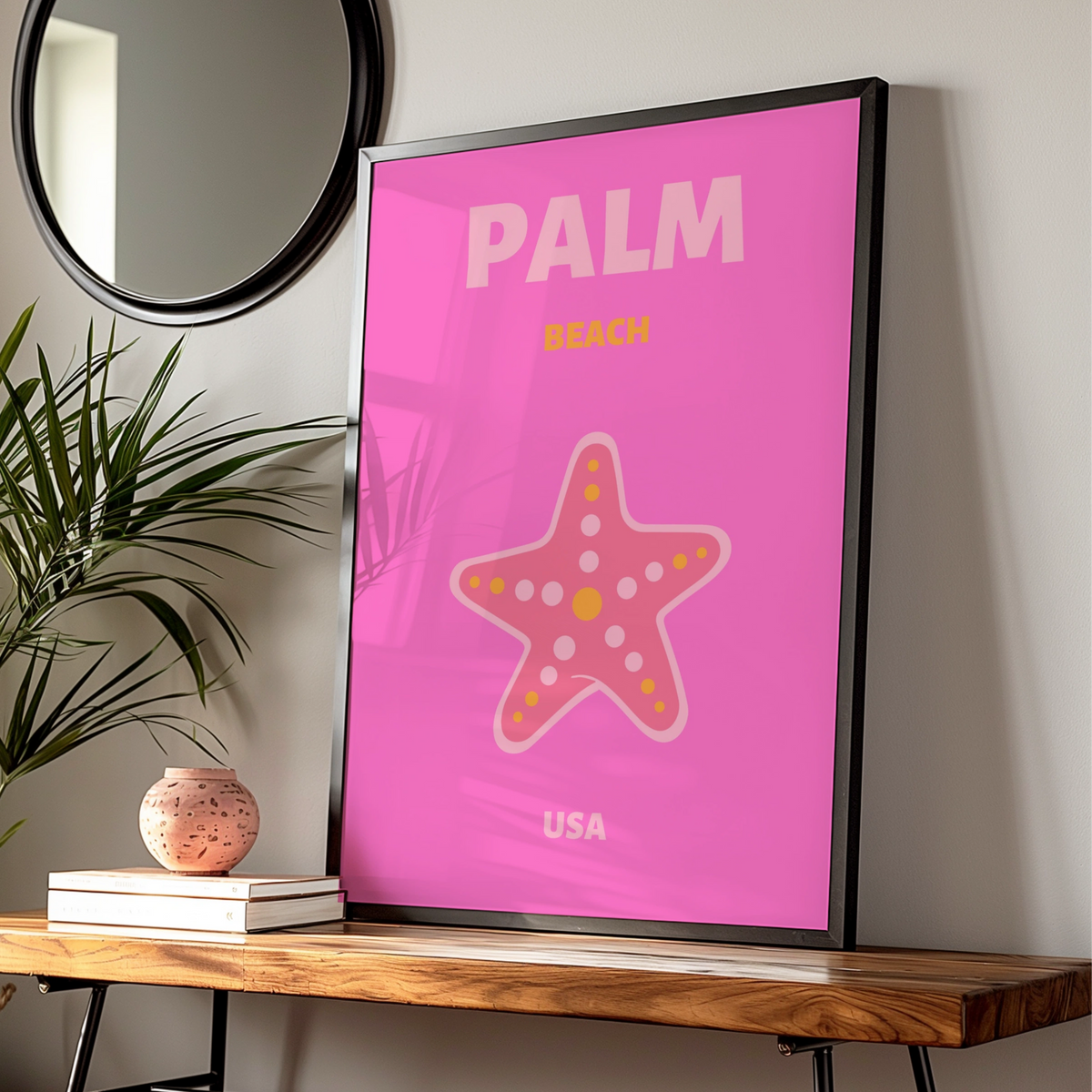 Palm Beach Florida Travel Poster, Retro USA Wall Art, Pink Starfish Print