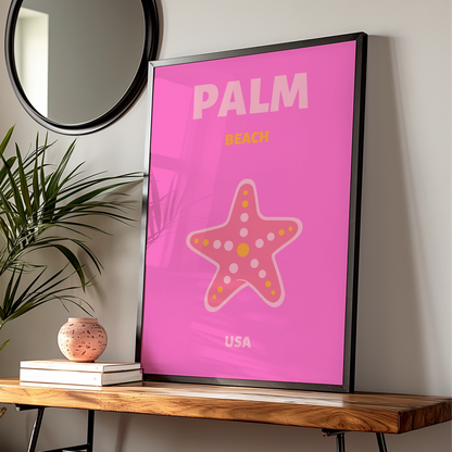 Palm Beach Florida Travel Poster, Retro USA Wall Art, Pink Starfish Print
