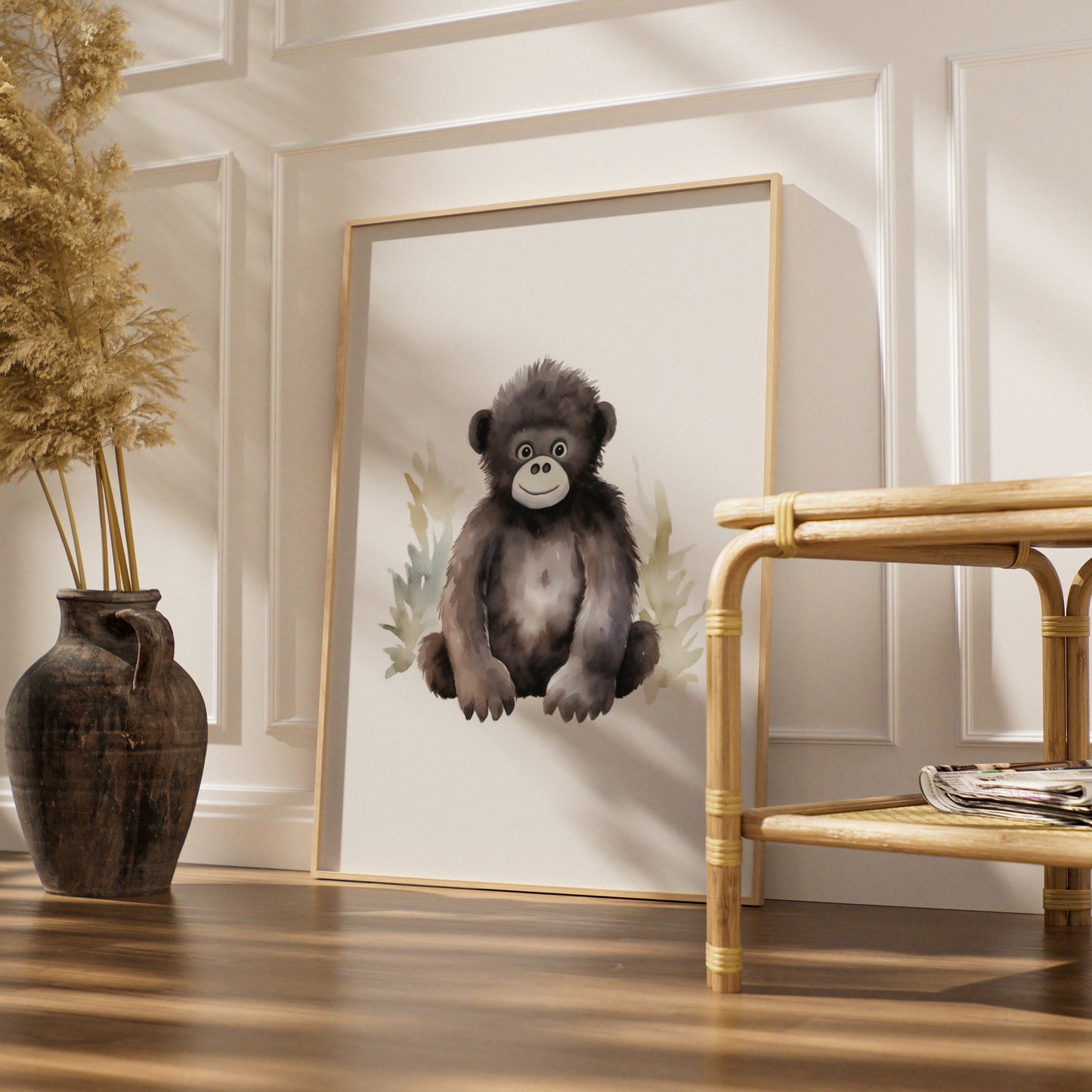Baby Gorilla Nursery Wall Art, Cute Watercolour Animal Print, Kids Room Poster