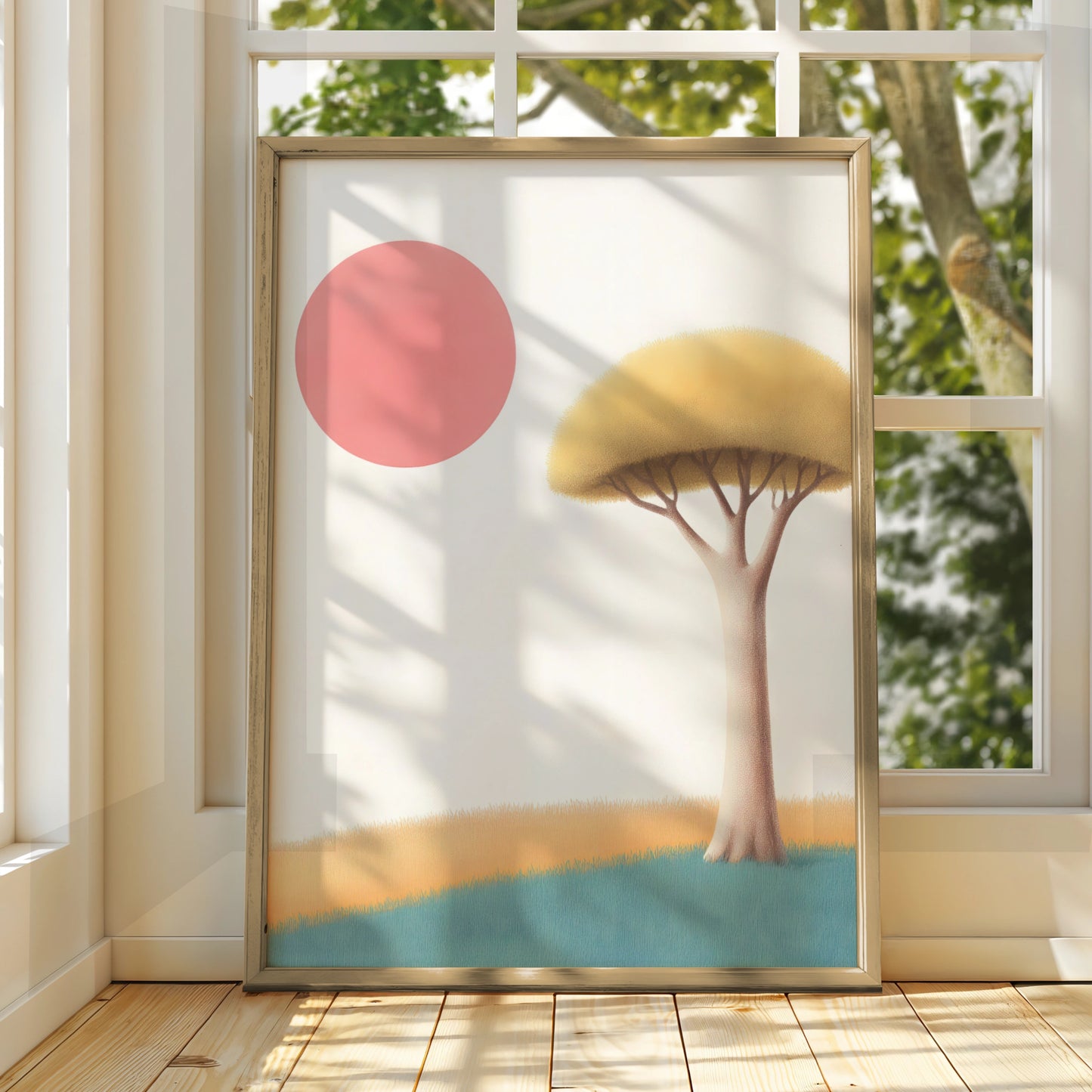 Nursery Wall Art Tree Print, Pink Sun Poster, Minimalist Kids Room Decor, Pastel Colours