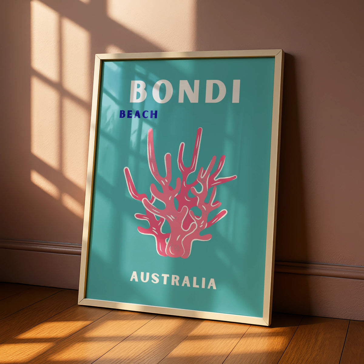 Bondi Beach Australia Travel Poster, Retro Coastal Wall Art, Teal Coral Print