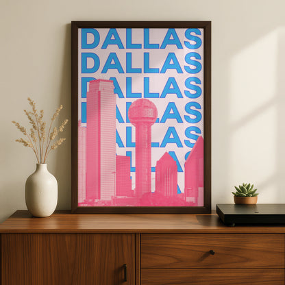 Dallas Travel Poster, Texas City Wall Art, Retro Skyline Print, Pink Blue Modern Decor