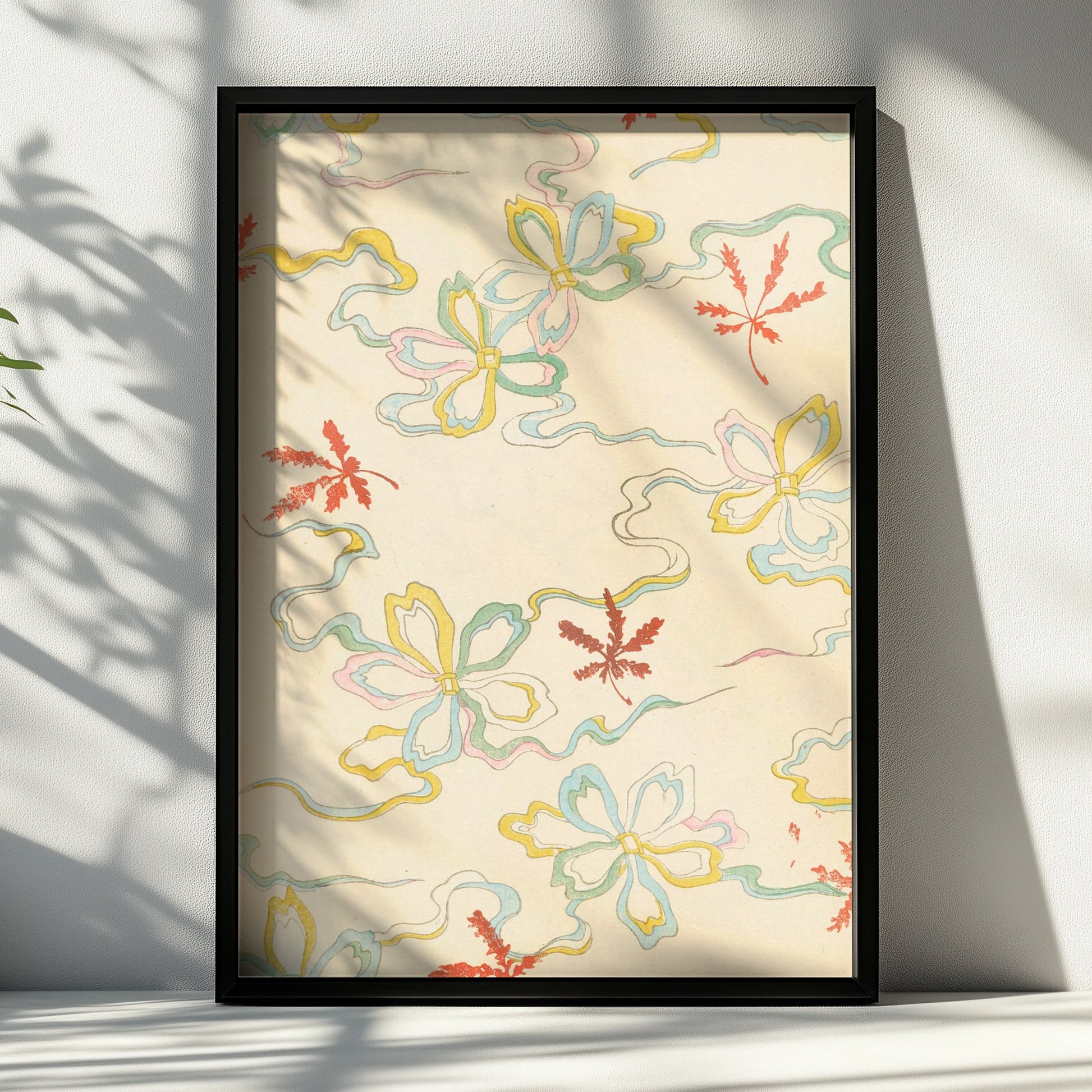 Vintage Japanese Maple Leaf Floral Print, Woodblock Wall Art, Japandi Poster – A4 Black frame
