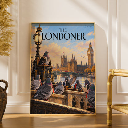 London Pigeon Parliament Poster, Big Ben Wall Art, Westminster Art Print, Funny Magazine Cover Style