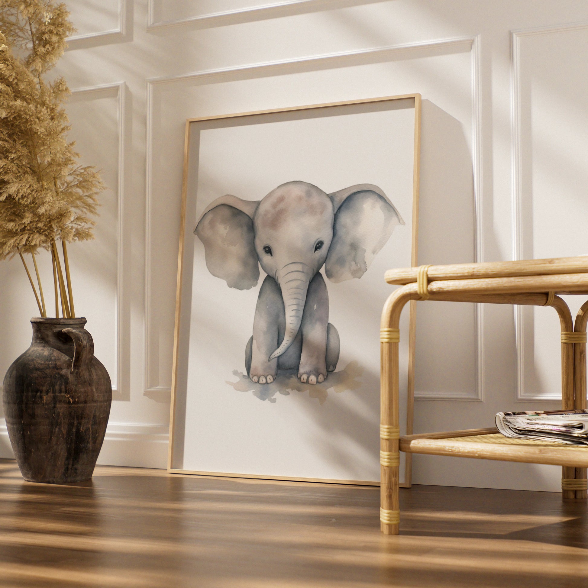 Baby Elephant Nursery Wall Art, Watercolour Animal Print, Grey Kids Room Poster