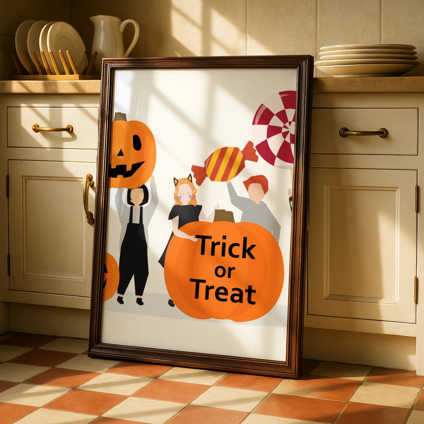 Trick or Treat Halloween Poster, Kids Costume Wall Art, Pumpkin Candy Print